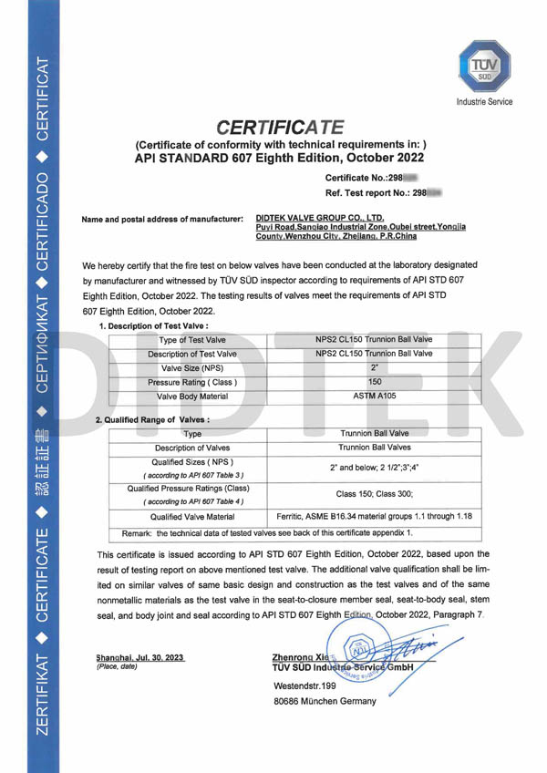 API-Standard 607 Eighth Edition Certificate Of NPS2 CL150 A105 Trunnion Ball Valve